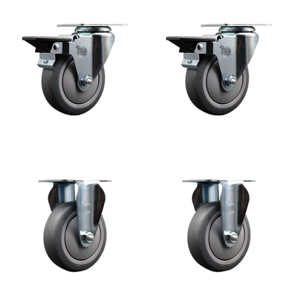 4'' Thermo Rubber Wheel Swivel Top Plate Caster Set with 2 Posi Brakes 2 Rigid, 4PK